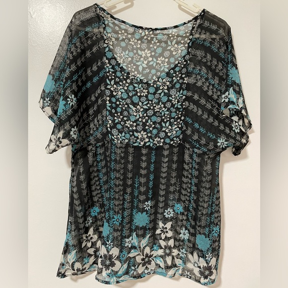 apt.9 Black Aqua White Sheer Top Sz L - Picture 4 of 8